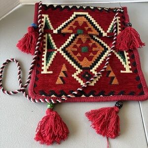 Southwestern Aztec Boho Kilim Style Crossbody Bag/Purse Fold Over Flap Fringe